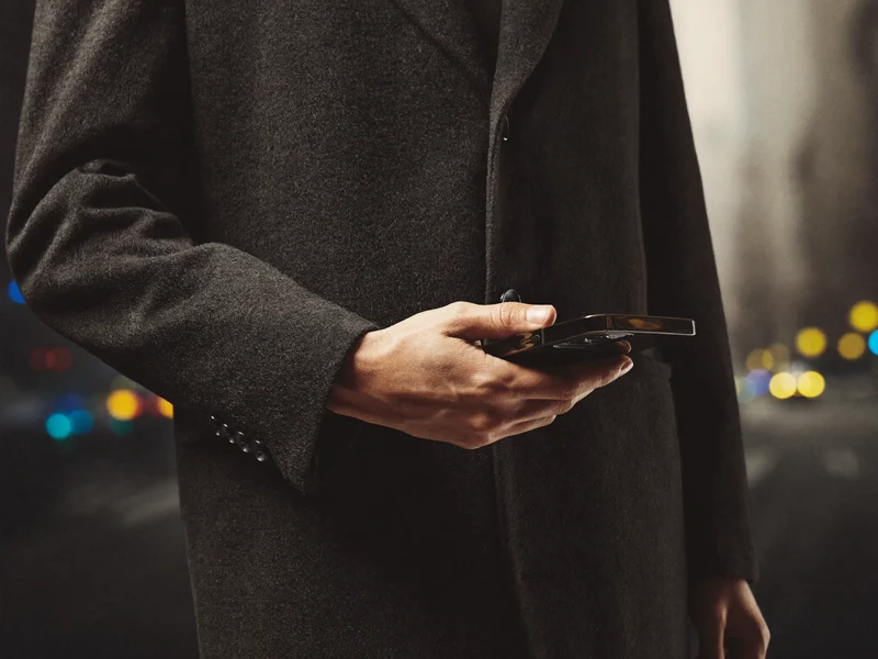Ruka vytahuje telefon v tenkém krytu z kapsy bundy na večerní ulici.